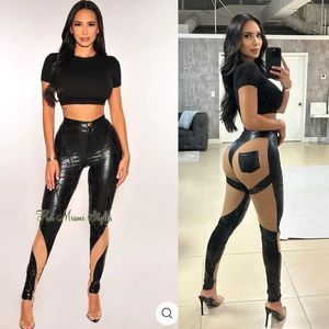 HMS BLACK FAUX LEATHER CRACKLE MESH NUDE ILLUSION CUT OUT PANTS
